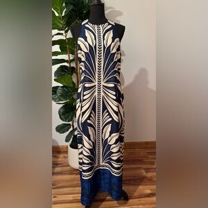 Donna Morgan Navy and Cream Leaf Pattern Midi Dress